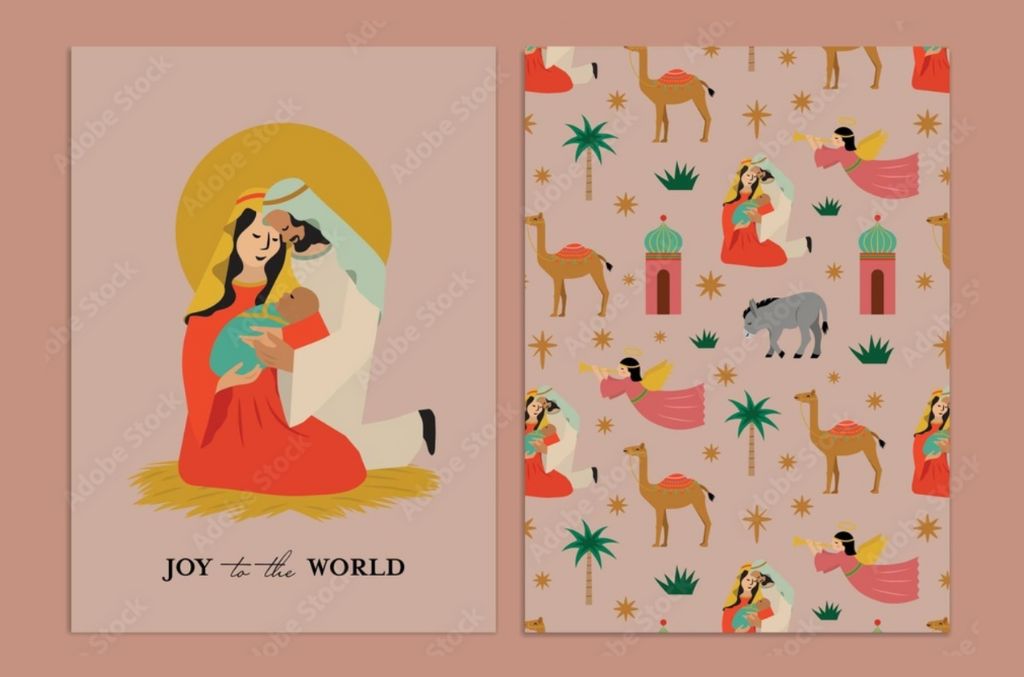 Mary and Joseph holding Baby Jesus Card Design in Illustrator AI format
