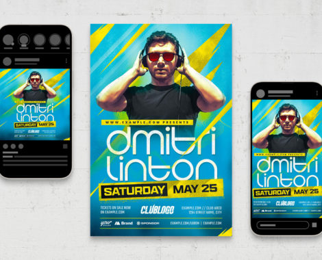 Blue & Yellow DJ Flyer Template (PSD, AI, Vector Formats)
