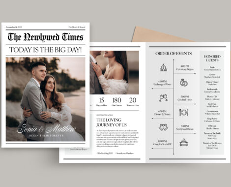 Wedding Day Newspaper Program Template in Canva, InDesign IDML & INDD